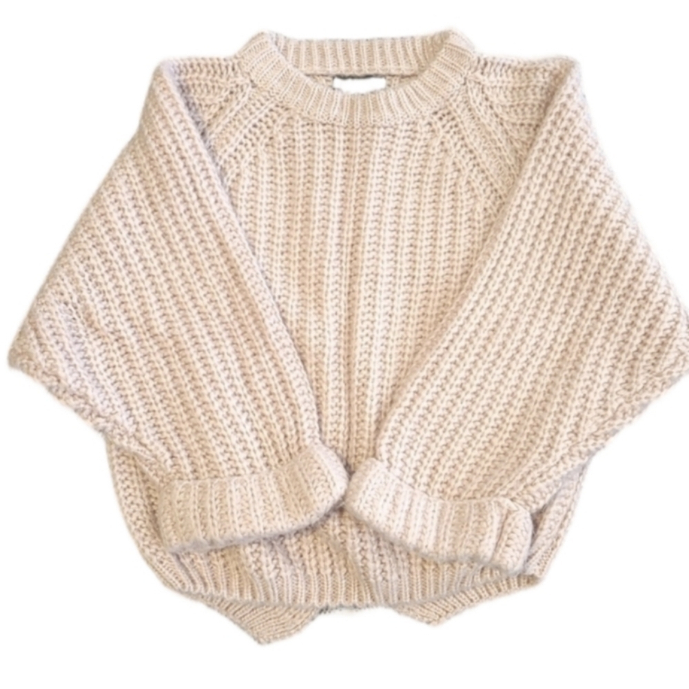 Papillion Cozycore Chunky Knit Sweater Balloon Sleeves Assymetrical Hem Pink - Picture 4 of 12